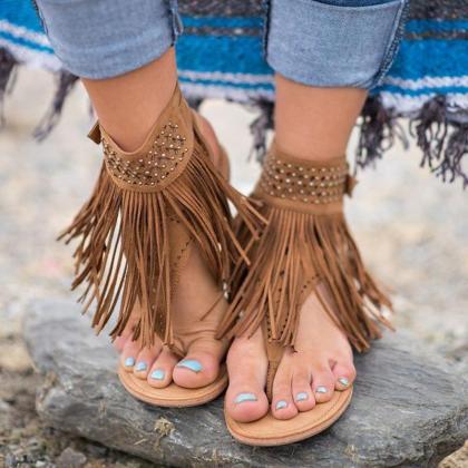 Women Bohemian Sandals Flat Sandals Tassels Casual..