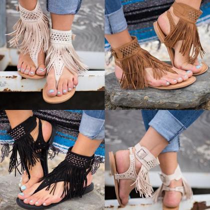 Women Bohemian Sandals Flat Sandals Tassels Casual..