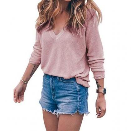 Knit Plunge V Long Sleeves Sweater