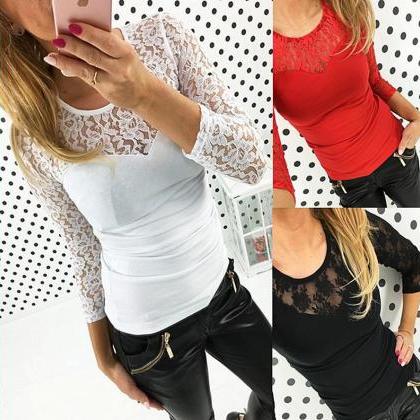 Womens Sexy Lace Collar Long Sleeve Blouse