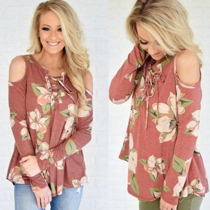 Long Sleeve Floral Printed Cold Shoulder Top With..