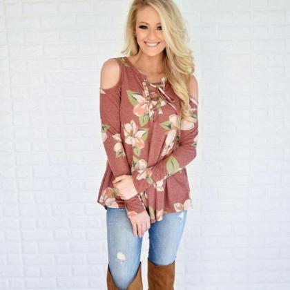 Long Sleeve Floral Printed Cold Shoulder Top With..