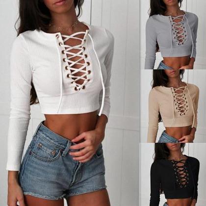 Ribbed Knit Lace-up Plunge V Long Sleeves Crop Top