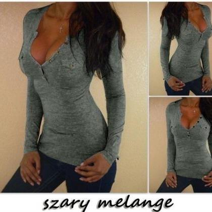 Bodycon T-shirt V-neck Wrapped Chest Sexy Top Long..