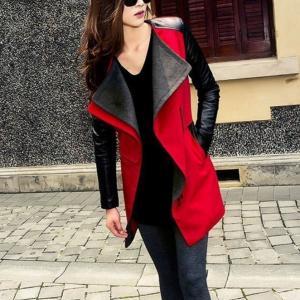 Red Fashion Long Coat Jacket Pu Leather Sleeve..