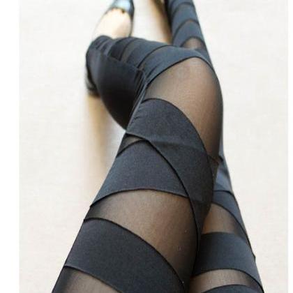 Fashion Black Hollow Out Strap Mesh Leggings..