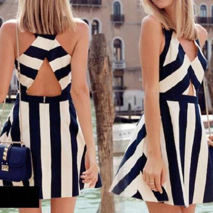Fashion Striped Halter Dress