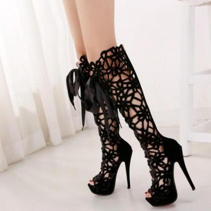 Peep-toe Cut-out Stiletto Platform Over-the-knee..