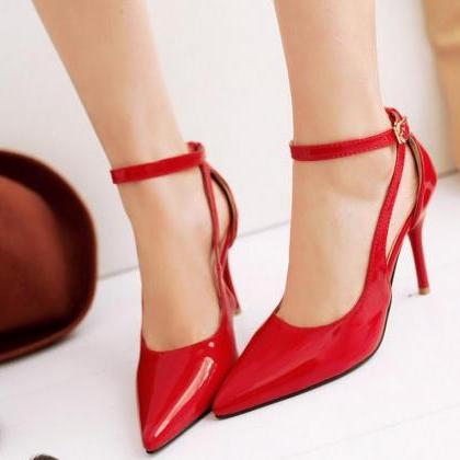 Patent Leather Pointed-toe Ankle Strap High Heel..