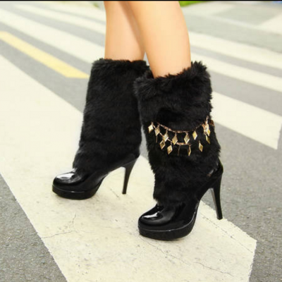Noble Smile Face Chain Embellished Fur High Heel Boots Apricot
