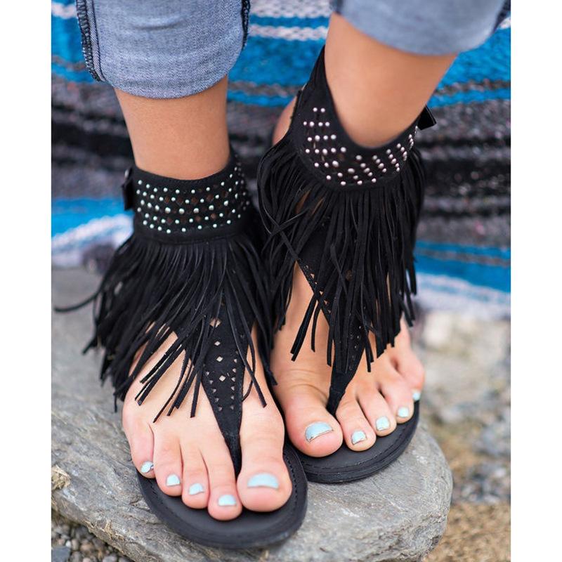 Women Bohemian Sandals Flat Sandals Tassels Casual Summer Shoes