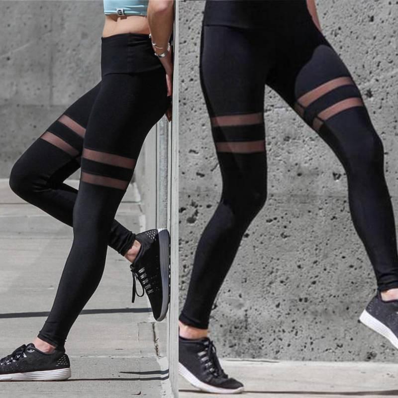 Womens Solid Mesh Patchwork Yoga Sport Running Brethable Pants