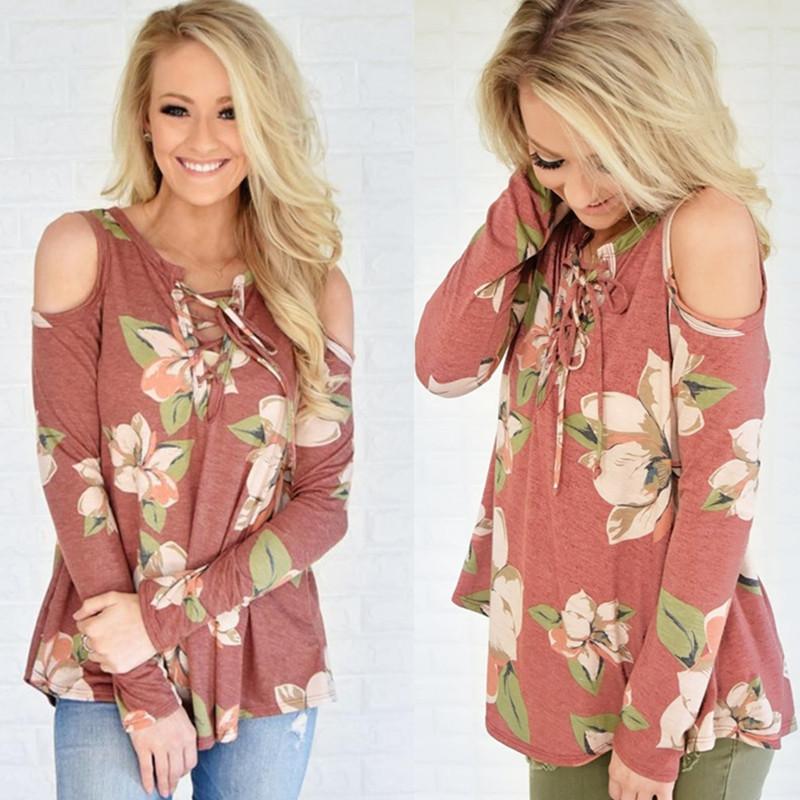 Long Sleeve Floral Printed Cold Shoulder Top With Lace-up Front