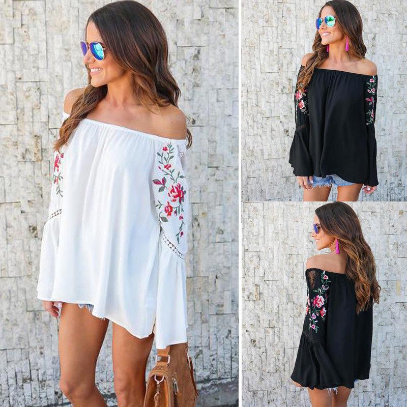 Floral Print Off-the-shoulder Long Flared Sleeves Top