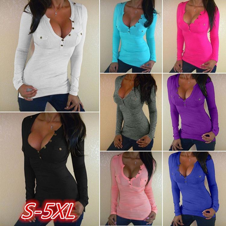 Bodycon T-shirt V-neck Wrapped Chest Sexy Top Long Sleeves Cotton Fashion Button Tops Plus Size