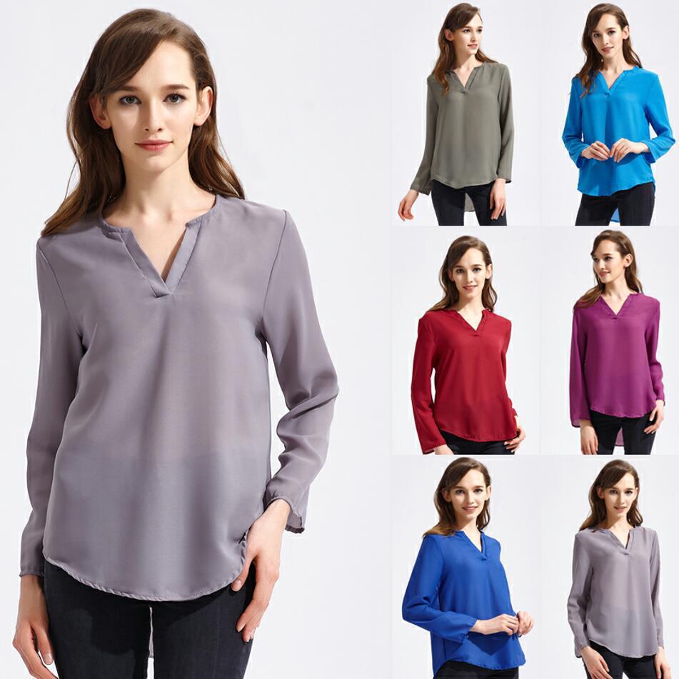 Sexy Women Fashion Casual Long Sleeve V Neck Solid Color Chiffon Blouse Tops Ladies Autumn Winter Loose Tops
