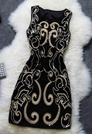 Noble Vintage Sequin Floral Embroidered Sleeveless Party Dress