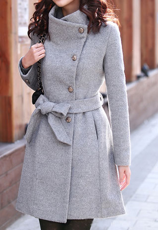 European Style Slim Bowknot Sash Pure Color Worsted Coat