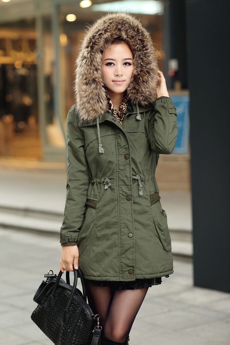 Womens Winter Coats Faux Fur Lining Parka With Fur Hood In Green ...