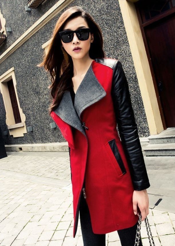 Red Fashion Long Coat Jacket Pu Leather Sleeve Fashion Wool Coat For Women