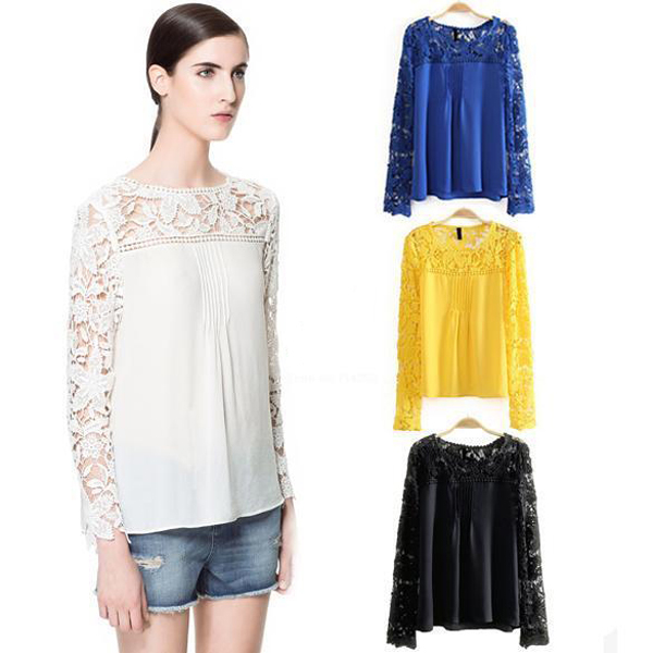 Ladies' Lace Sleeve Chiffon Blouse Shirt Hollow Out Knitted Shoulder Tops