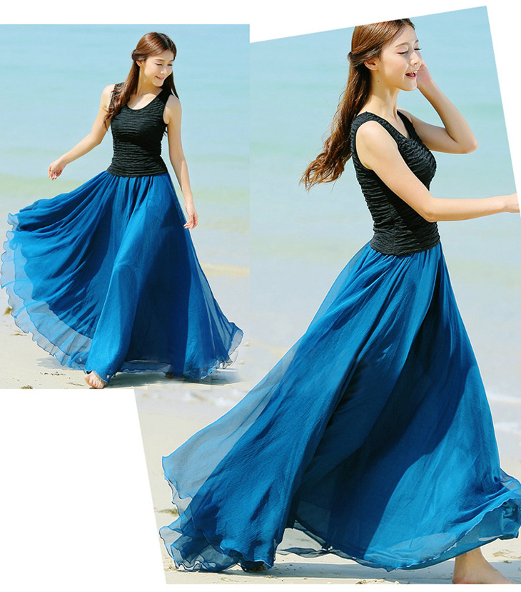 Peacock Blue Long Chiffon Skirt Maxi Skirt Ladies Silk Chiffon Dress Plus Sizes Sundress Beach Skirt