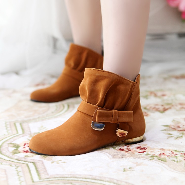 Women's Pure Color Low Heel Suede Bowknot Short Martin Boots