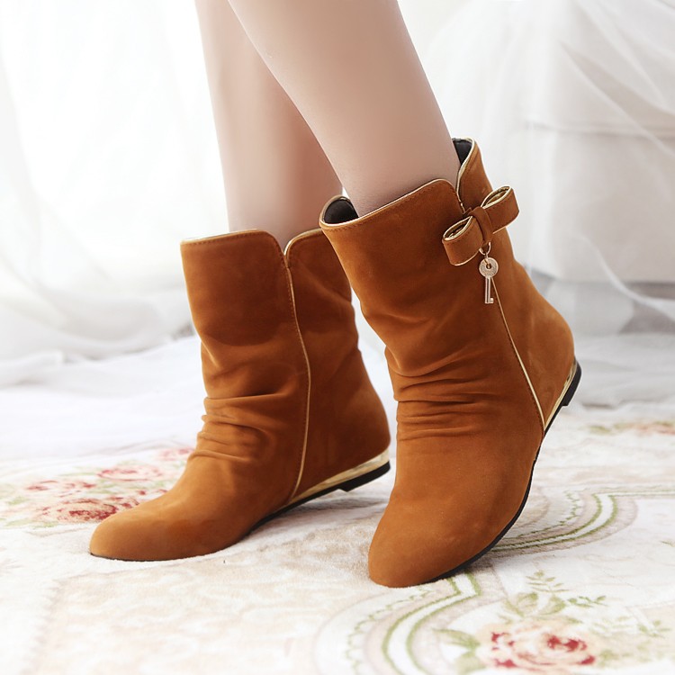 Women's Pure Color Flat Heel Suede Bowknot Key Short Martin Boots